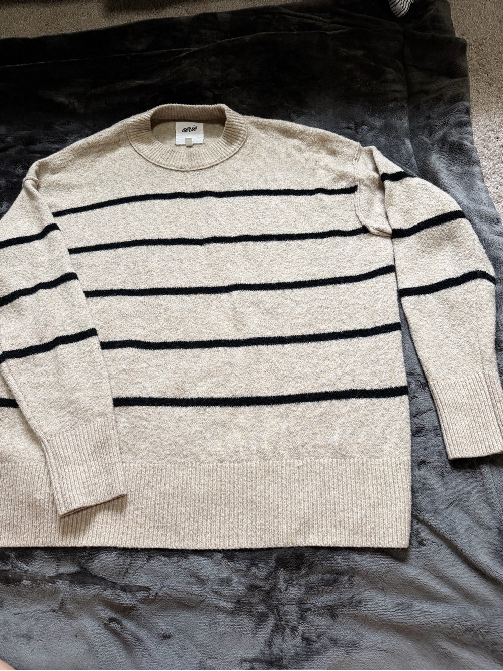 Aerie- Beige and Black Striped Crewneck Sweater